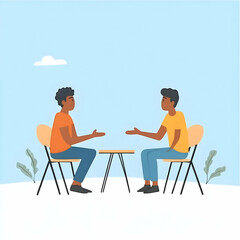 Fototapeta premium Two People Having a Conversation at a Table Outdoors Under a Blue Sky Illustration
