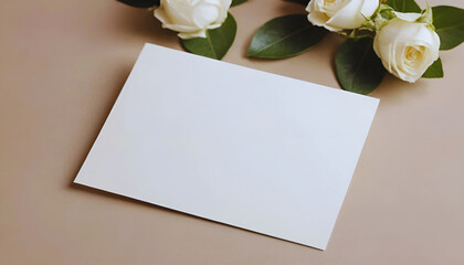 White blank invitation card mockup on the beige table. 5x7 ratio, similar to A6, A5