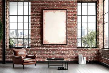 Modern interior loft room with an empty frame showcasing a red brick wall background, leather armchair, and city view.