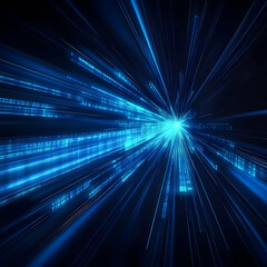 Abstract Blue Light Trails and Data Stream Converge Dynamically on a Dark Background