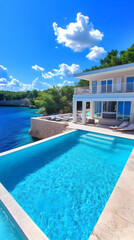 Fototapeta premium Luxury Villa with Infinity Pool Overlooks Tranquil Blue Ocean under Sunny Sky