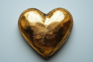 Golden heart sculpture on light blue background, symbolizing love and luxury