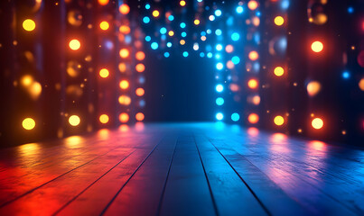 Illuminated Wooden Stage, Lights, Festive, Background, Event