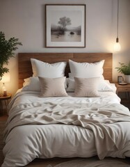 Calming bedroom sanctuary with a plush pillow and soft blankets in muted tones, relaxing atmosphere, peaceful ambiance