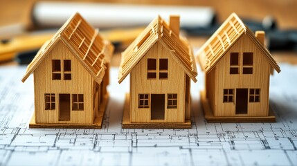 Three wooden model houses on architectural blueprints, symbolizing construction and design.