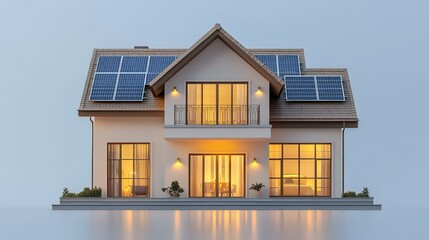 Modern solar house illuminated at dusk, reflecting on water, sustainable living