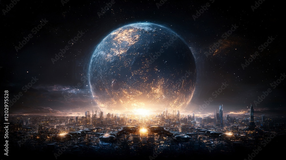Poster futuristic cityscape under a massive planet space station metropolis sci-fi art cosmic environment w