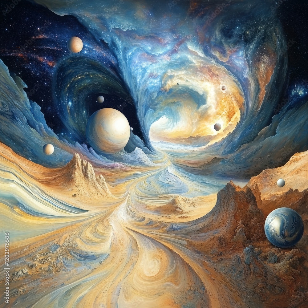 Aufkleber Cosmic journey through spacetime fabric celestial landscape digital art surreal environment abstract viewpoint