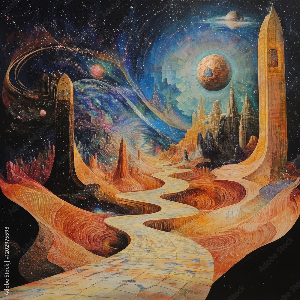 Fototapete Exploring spacetime fabric a cosmic landscape of time and space digital art surreal environment visual journey