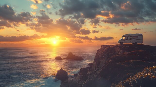 Camper Van Sunset Ocean Cliffside Vista