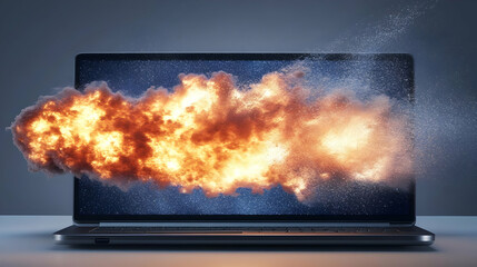 Laptop Exploding with Fiery Cloud Erupting from the Screen Dramatically on a Dark Background