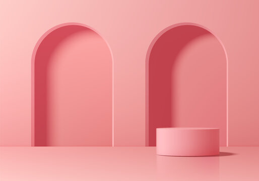 3D pink round podium background with arch gate backdrop. Abstract geometric composition in minimalist design. Studio display showroom stand product pedestal, Fashion stage showcase mockup wall scene.