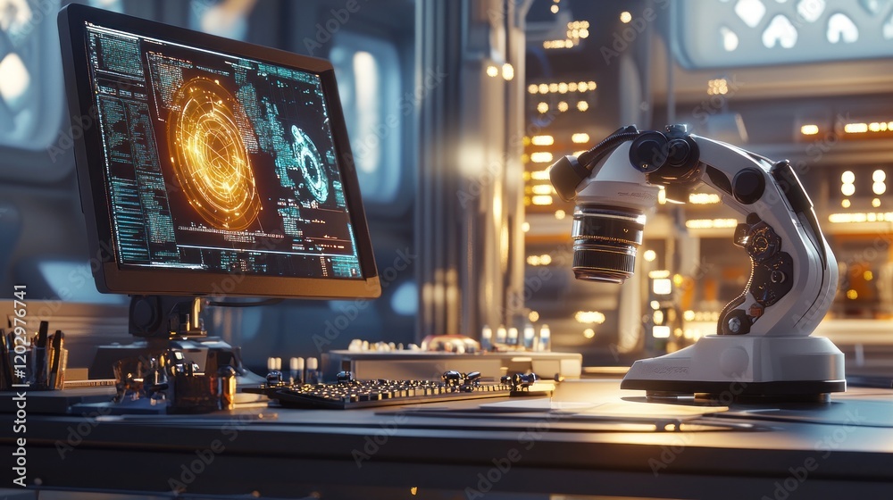 Poster futuristic laboratory workstation with advanced technology