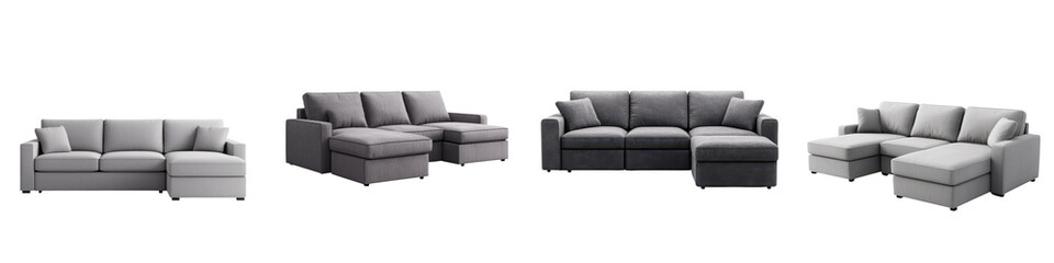 Fototapeta premium Variety of modern and stylish sectional sofas and couches in different arrangements for a cozy and comfortable living room or home interior design