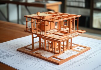 Intricate Wooden Architectural Model Displaying an Open-Concept Layout with Clear Glass Panels Over a Detailed Blueprint