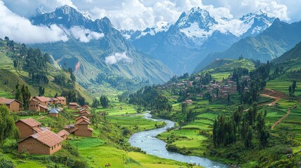 Obraz premium Andean village nestled in valley, river flowing, snow-capped mountains backdrop; travel brochure