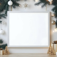 Blank Frame Mockup Decorated with Festive Christmas Ornaments and Pine Branches Gently Hanging Down.