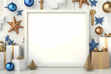 Obraz premium 3D Christmas Mockup Frame with Gifts, Ornaments, and Golden Fir Trees Elegantly Placed