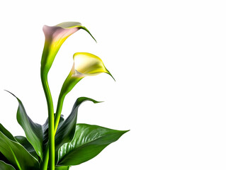 Obraz premium Two Elegant Calla Lilies Bloom Gracefully with Lush Green Leaves on a White Background
