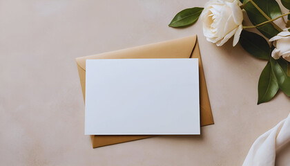 White blank invitation card mockup on the beige table. 5x7 ratio, similar to A6, A5