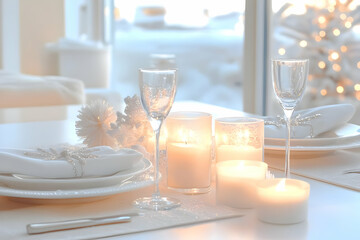 Elegant white table setting displays lit candles, glasses, and napkins with winter decorations.