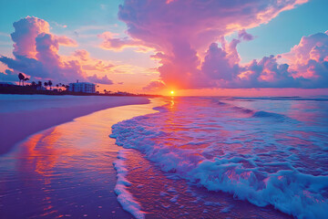 Vivid Sunset Paints the Ocean and Sky with Purple and Pink Hues at a Tropical Beach