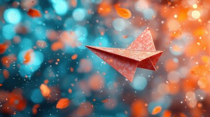 Red paper airplane soaring through colorful bokeh with falling petals