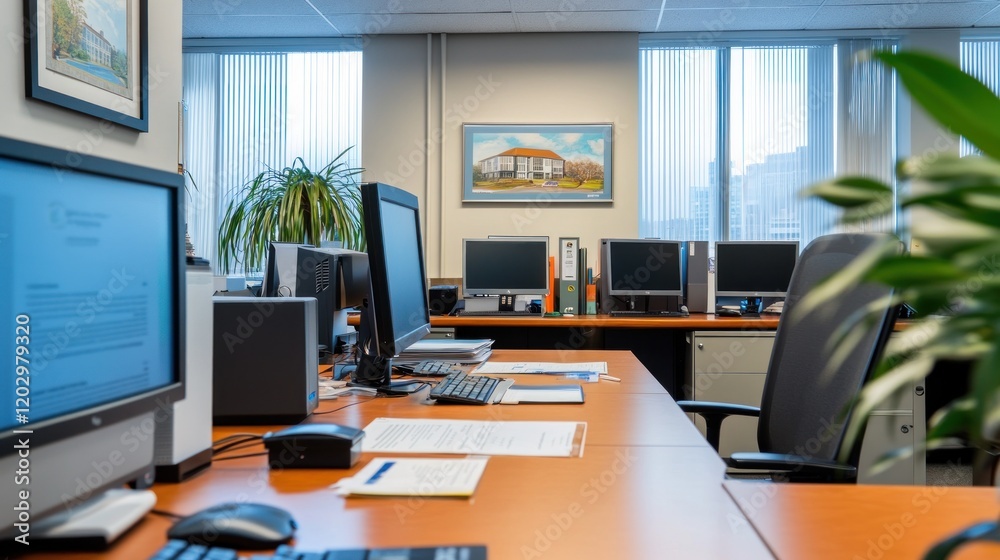 Poster Modern Office Workspace With Multiple Computers And Plants