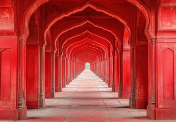 Obraz premium Majestic Red Archways Creating a Dramatic Perspective in an Intricately Designed Architectural Hallway, Invoking a Sense of Depth and Serenity