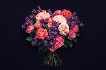 heart shaped bouquet of vibrant coral and lavender flowers with lush green leaves on dark background