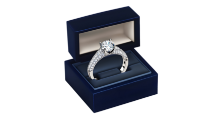 Diamond ring in navy blue box isolated on a transparent background