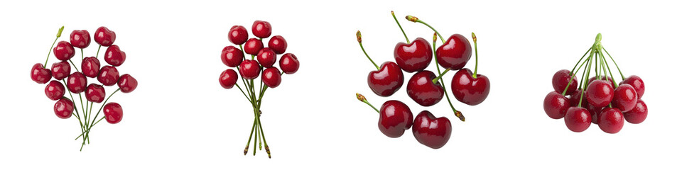 Collection of freshly harvested ripe and juicy cherries in various arrangements and compositions