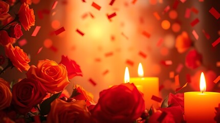 Frame made of rose flowers, confetti on pink background. Valentine's Day background