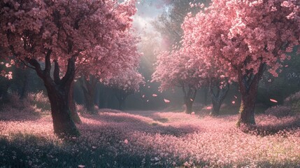 Naklejka premium Pink Blossom Trees In A Magical Forest