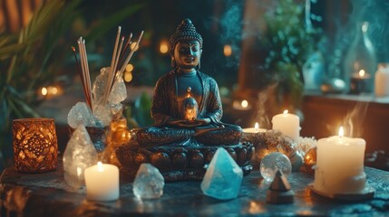Serene Buddha Statue Amidst Candles Crystals and Incense