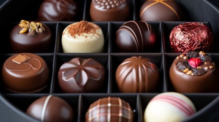 Assorted gourmet chocolates in gift box, close-up. Perfect for Valentine's Day or gifting
