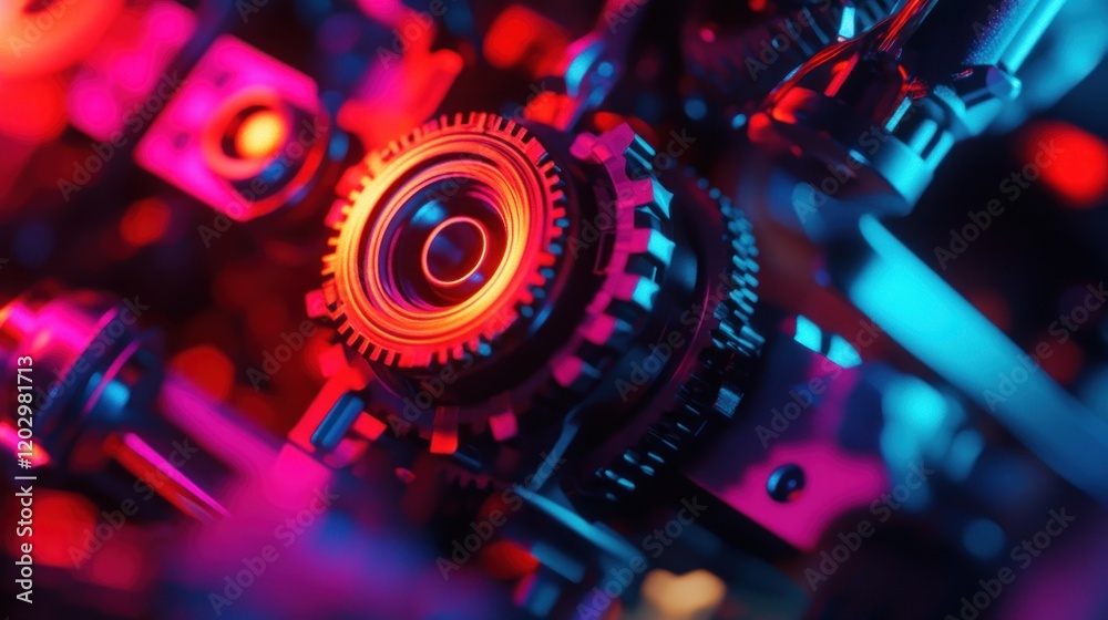 Poster vibrant illuminated gears in complex machinery