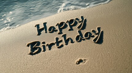 Fototapeta premium Birthday Wishes! A Handwritten Message in Smooth Sand with a Festive Lens Flare on a Serene Beach Shore