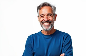 Obraz premium Smiling Middle-Aged Man in Casual Blue Shirt on White Background Radiating Confidence and Approachability