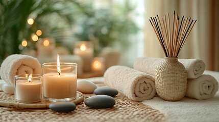 Spa relaxation candles, towels, stones. Wellness background