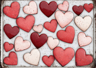 Obraz premium Heart shaped cookies in various shades of red and pink with speckled design on rustic baking tray