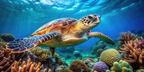 Obraz premium Close-up of a sea turtle swimming in the coral reef, marine, biology, swim