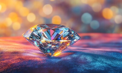 Fototapeta premium Sparkling diamond on velvet, bokeh background; luxury jewelry
