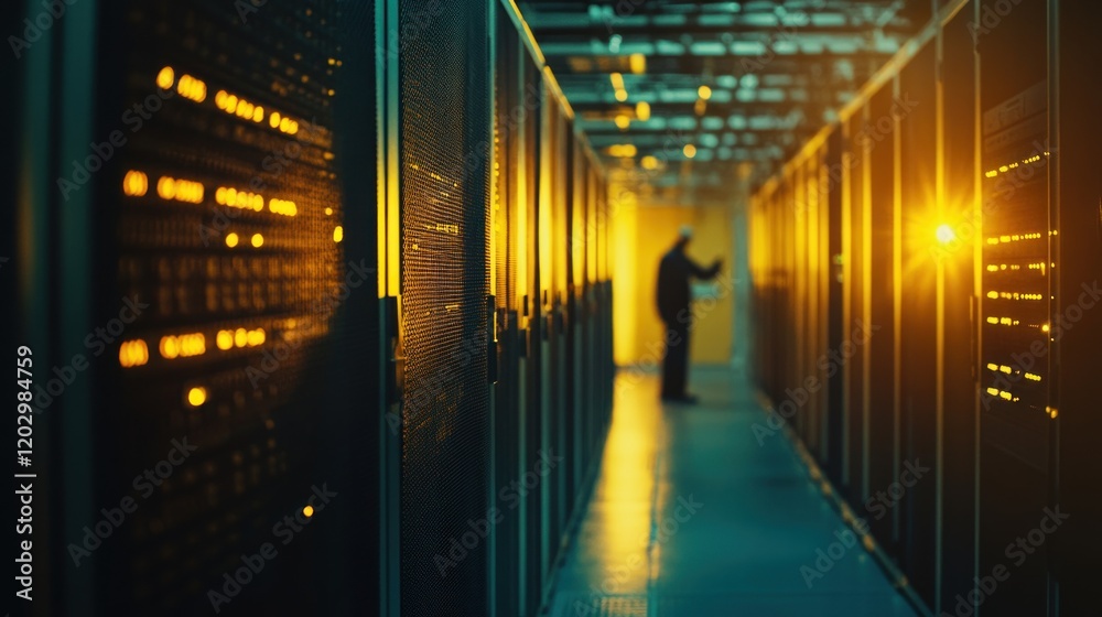 Poster technician working in a server room with glowing racks