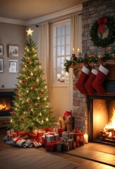 Christmas tree in front of a roaring fireplace with stockings hung on the mantle, fireplace, stockings