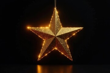 Glimmering gold star, hanging against deep black backdrop , elegant, decoration