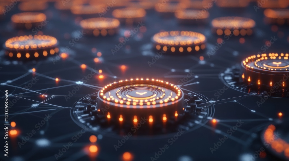 Aufkleber networked circular nodes glowing orange in the dark