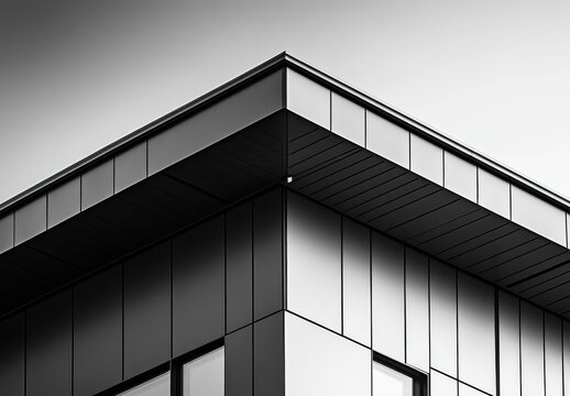Modern architectural building design featuring minimalist lines and sharp angles in a monochrome color scheme with an emphasis on geometry and symmetry.