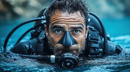 Close-up portrait of a determined scuba diver in dark blue water, focused expression, underwater exploration