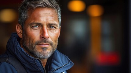 Obraz premium Close-up portrait of a man with salt and pepper hair and beard, showing a serious and pensive expression. The background is blurred and out of focus,